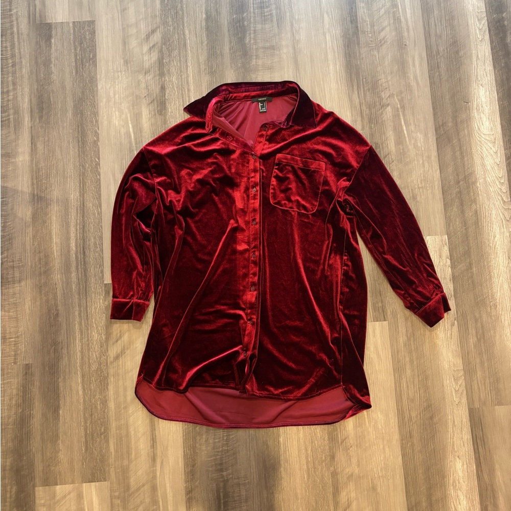 Forever 21 Red Velvet Long Sleeve Button-Up Shirt Dress